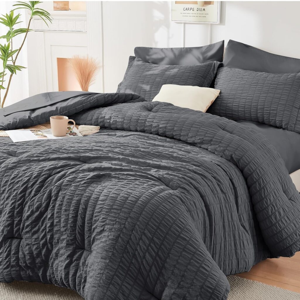  HYMOKEGE Queen Comforter Set Seersucker 7 Pieces, All Season Luxury Bed in a Bag for Bedroom, Bedding Set with Comforters, Sheets, Pillowcases & Shams, Dark Grey 